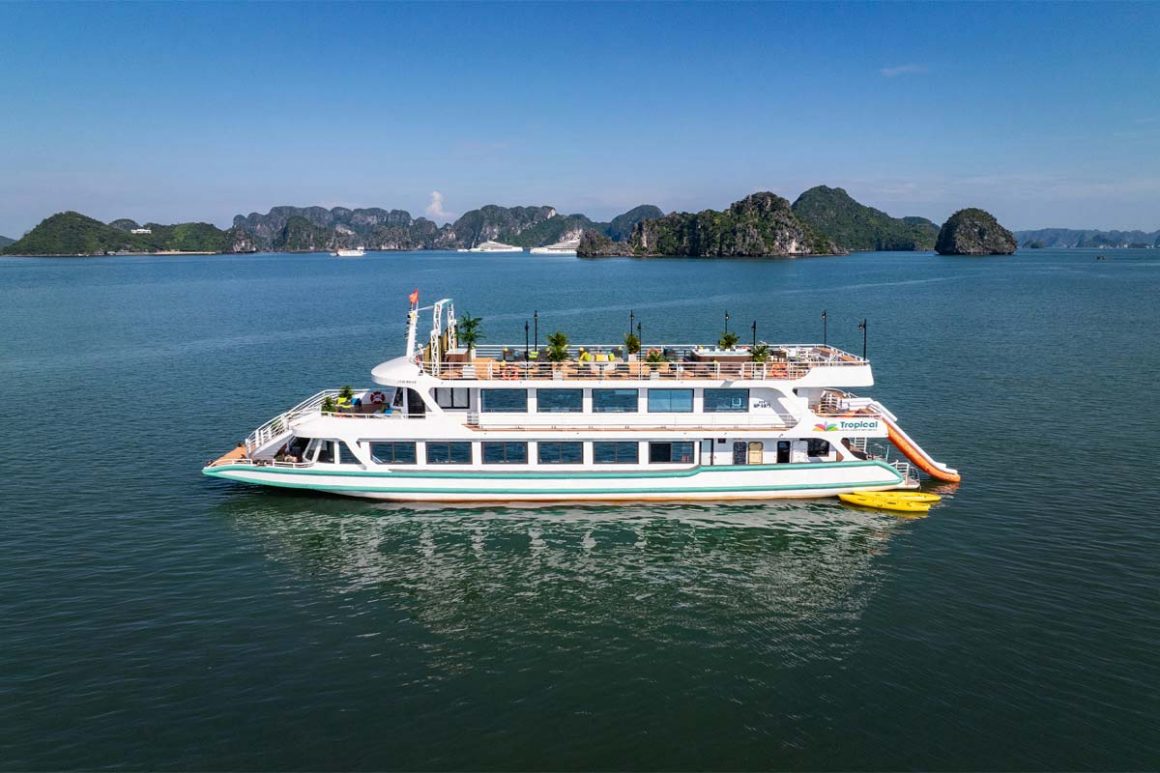 Modern cruise sailing through Lan Ha Bay 1 day tour