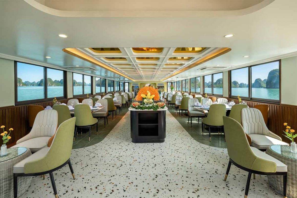 Elegant onboard restaurant serving buffet lunch on Lan Ha Bay 1 day tour