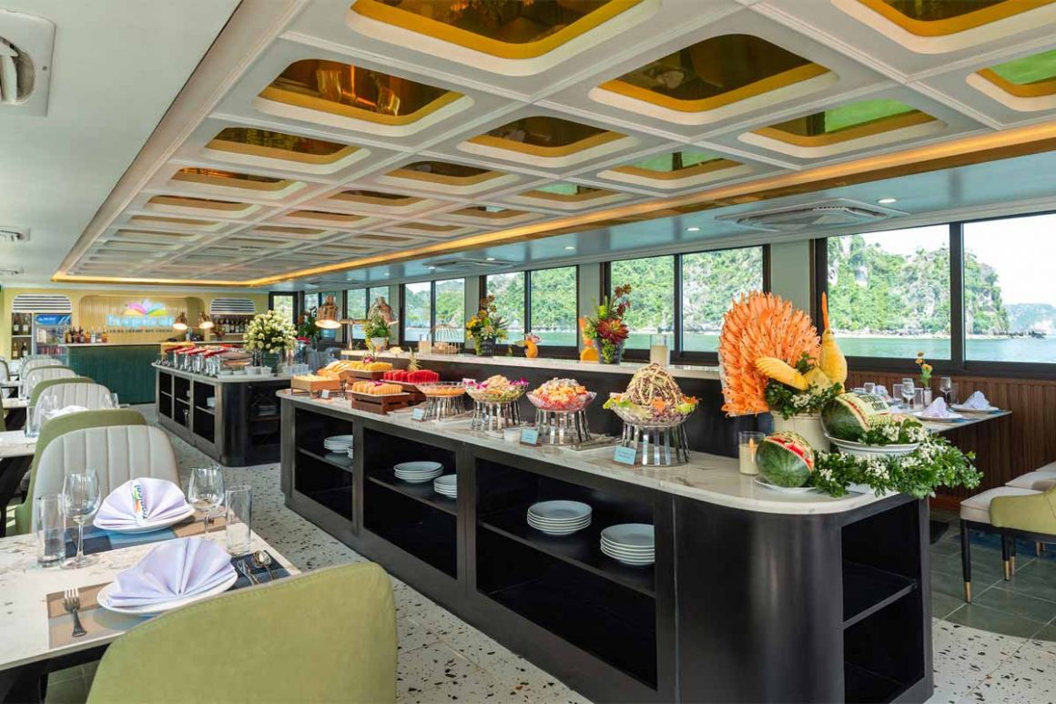 Elegant onboard restaurant serving buffet lunch on Lan Ha Bay 1 day tour
